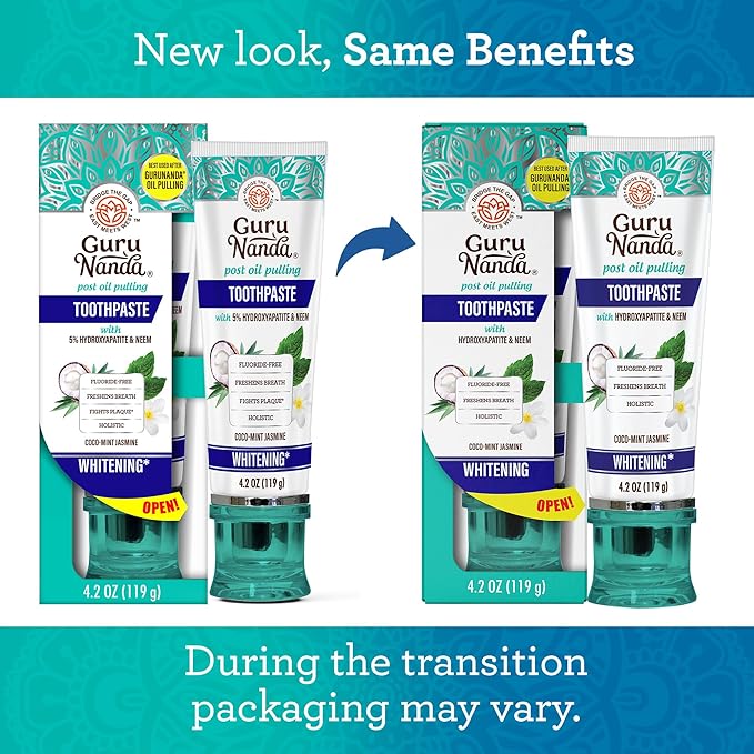 GuruNanda Hydroxyapatite Toothpaste, SLS & Fluoride Free (4 Pack), Whitening Toothpaste - Freshens Breath, Fights Plaque - with 2 Toothbrushes, 2 Tongue Scrapers & 2 Tube Squeezers