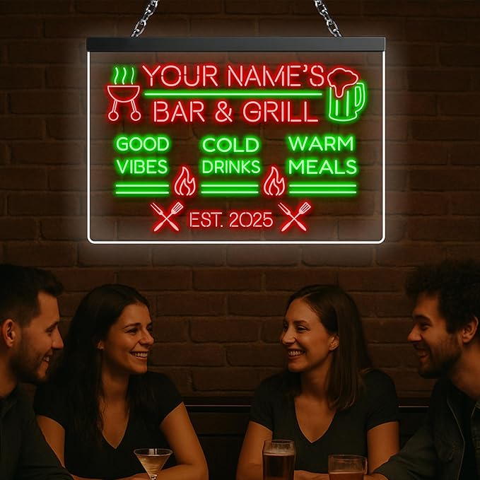BBQ Neon Sign Custom Bar and Grill Sign Patio LED Lights Personalized Backyard Bar Signs for Men Outdoor Lighted Patio Acrylic Table Grilling Kitchen Home Garden Wall Decor