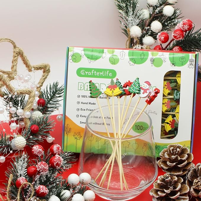 Christmas Cocktail Picks Toothpicks Fruit Dessert Sticks Food Sandwich Appetizer Charcuterie Skewers for Xmas Tree Snowman Elk Snowflake Christmas Decorations Themed Party Supplies, 5", 100 Count