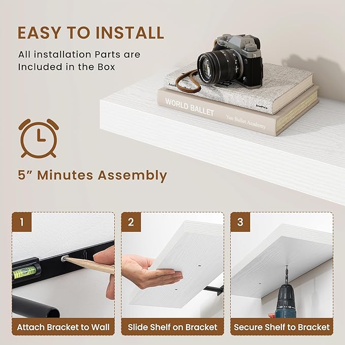 fuqing Floating Shelves for Wall, Bathroom Shelf Wall Mounted for Storage, Shelves with Invisible Bracket for Bedroom, Kitchen, Living Room, Farmhouse Small Book Shelf, 16 Inch Set of 2, White