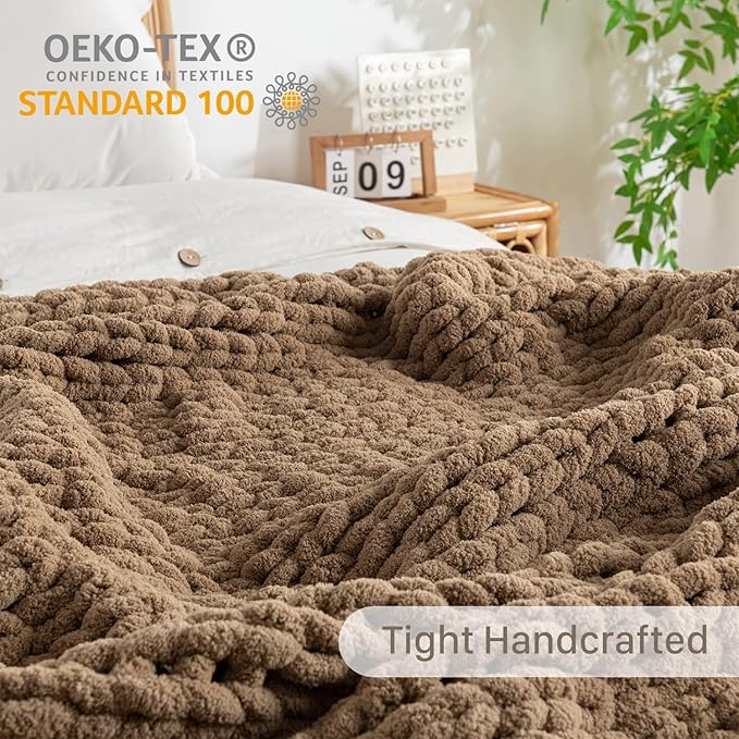 Chunky Knit Blanket Throw, 100% Hand Knit Throw Blanket Handmade Chenille Cable Knit Throw for Couch, Stylish Cozy Soft Rope Knot Crochet Blanket for Home Decor, Camel, 50x60 Inches