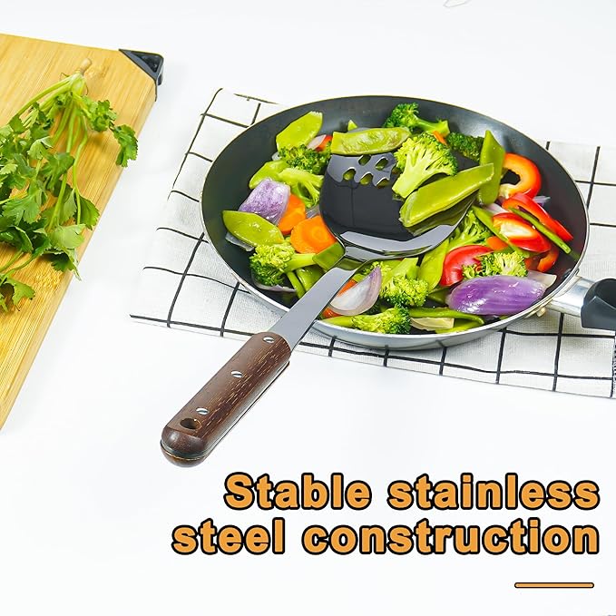 FJNATINH Stainless Steel Wok Spatula,Ladle,Skimmer Ladle Tool Set,Mirror Polished Cooking Utensils with Wooden Handle,Easy to Clean Wok Accessories,Black 3 PCS