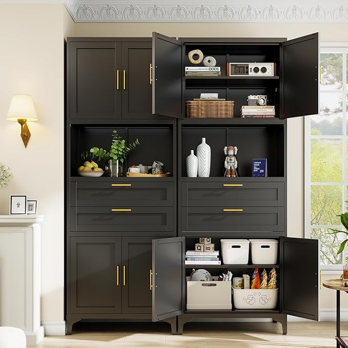 75” Tall Kitchen Pantry Storage Cabinet, Metal Storage Cabinet with 2 Drawers and Adjustable Shelves, Kitchen Pantry Cupboard, Freestanding Cupboard for Bathroom, Living Room(Black)
