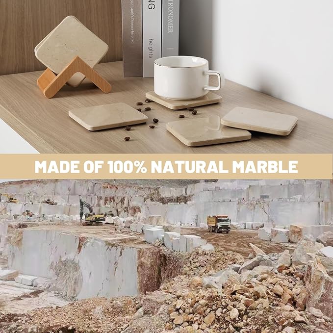 BCS Marble Coasters Set of 5 with Holder, Square Stone Drink Coasters for Coffee, Wine and Cocktails, Non-Slip Durable Cup Mats, Elegant Home, Bar & Kitchen Table Decor (Crema Beige)