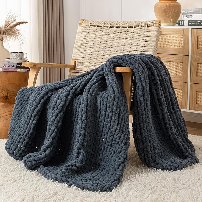Chunky Knit Blanket Throw, 100% Hand Knit Throw Blanket Handmade Chenille Cable Knit Throw for Couch, Stylish Cozy Soft Rope Knot Crochet Blanket for Home Decor, Blue Mirage, 60x80 Inches