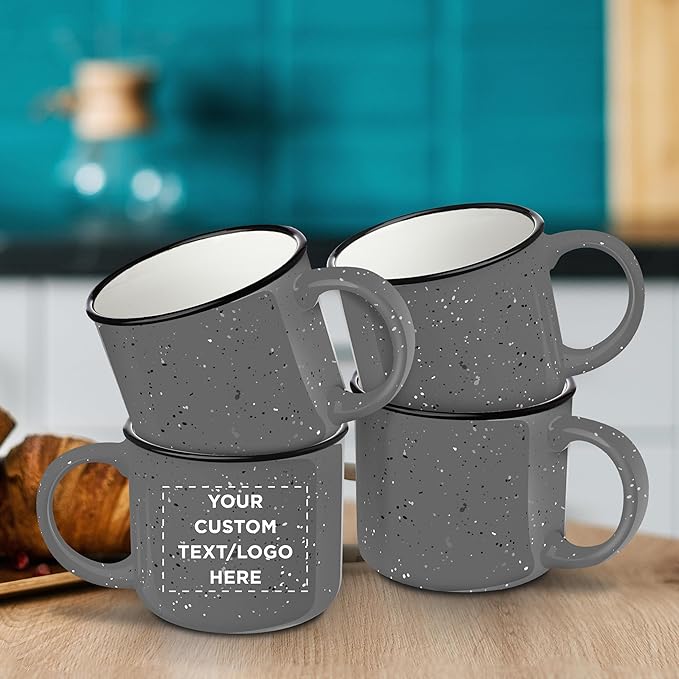 DISCOUNT PROMOS Custom Ceramic Campfire Coffee Mugs 13 oz. Set of 10, Personalized Bulk Pack - Perfect for Tea, Espresso, Cappuccino, Hot Cocoa - Grey