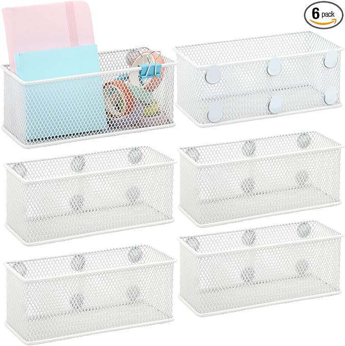 EASEPRES Magnetic Pencil Holder Set of 6 - Wire Mesh Storage Baskets Organizer with Strong Magnets - Perfect for Whiteboard, Refrigerator and Locker Accessories, White