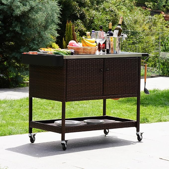 Grand patio Outdoor Wicker Bar Cart, Outdoor Bar Table with Stainless Steel Tabletop, Patio Kitchen Island Grill Cart with Storage Cabinet and 4 Hooks
