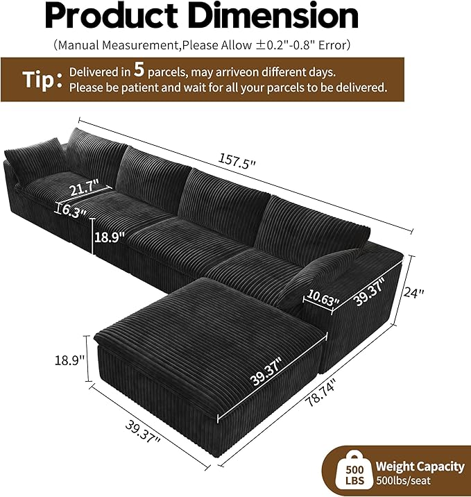 157.5" L Shaped Modern Sofa Modular Sectional Cloud Couch with Ottoman,Deep Seat Upholstered Couches with Corduroy Fabric for Living Room Furniture,Bedroom and Apartment,No Assembly Required,Black