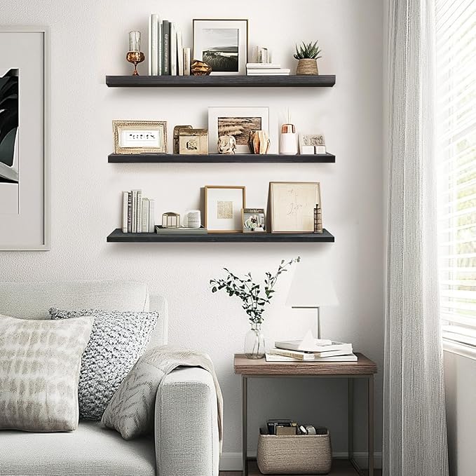 Floating Wall Shelves 3-Pack - 24-Inch Rustic Black Wooden Shelves for Storage and Décor, Easy Installation for Living Room, Bedroom, and Kitchen