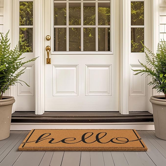 Barnyard Designs Natural Coco Coir Heavy Duty Backing Doormat - Large Cute Non-Slip Front Door Welcome Mat for Outside Entrance or Porch Entry, Brown (24x36, Hello)