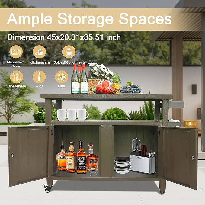 Domi Grill Carts Outdoor Storage Cabinet with Wheels, Metal Outdoor Grill Kitchen Table Dining Cooking Prep BBQ Table for Patio, Kitchen Island, Home Party, Bar (Brown)