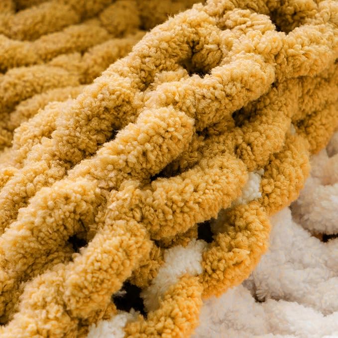 Battilo Chunky Knit Throw Blanket, Soft and Thick Chenille Throw Blanket, 50"x60" Handmade Cable Knit Crochet Blanket, Large Rope Knot Throw Blankets for Couch Sofa Bed Home Decor, Yellow & White