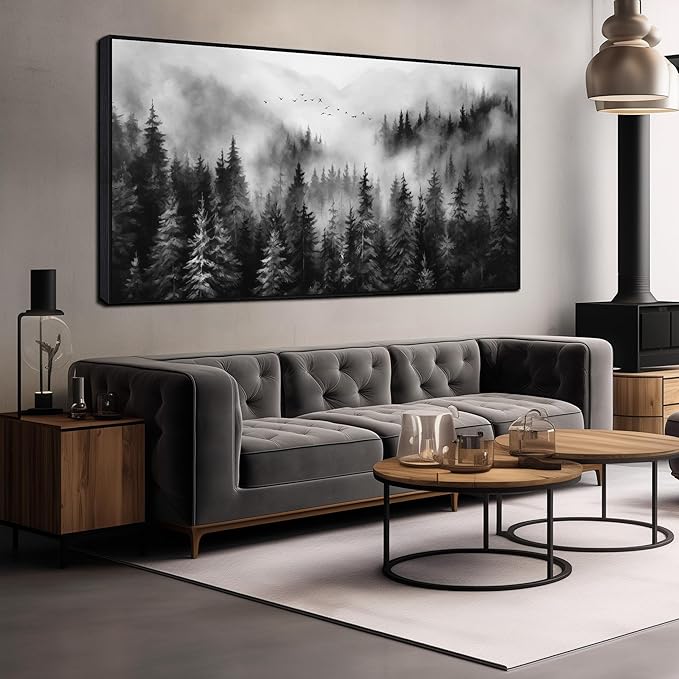 Foggy Forest Wall Art for Living Room Black and White Pictures for Wall Home Office Wall Decor with Black Frame 29 x 58 Inch