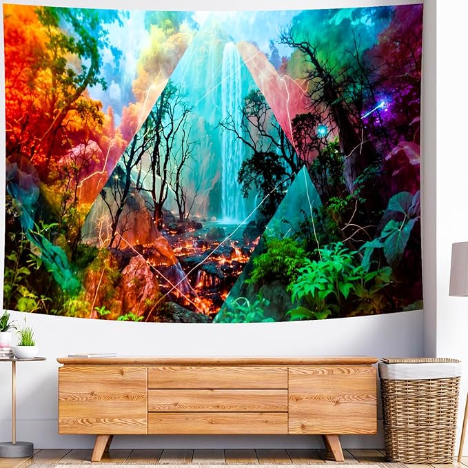 Delur Forest Tapestry Waterfall Mountain Rainforest Sunset Nature Tree Tapestry Wall Hanging Scenic Tropical Landscape Natural Sunrise Headboard for Bedroom Living Room Home Decor (59.1" x 78.7")