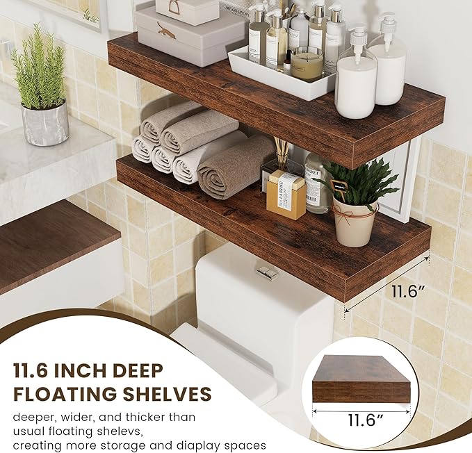 12 Inch Deep Floating Shelves for Wall | 30 Inch Floating Shelves Set of 2 | Rustic Wood Shelves for Living Room Bathroom Laundry Room Bedroom Kitchen Home Office - Rustic Brown