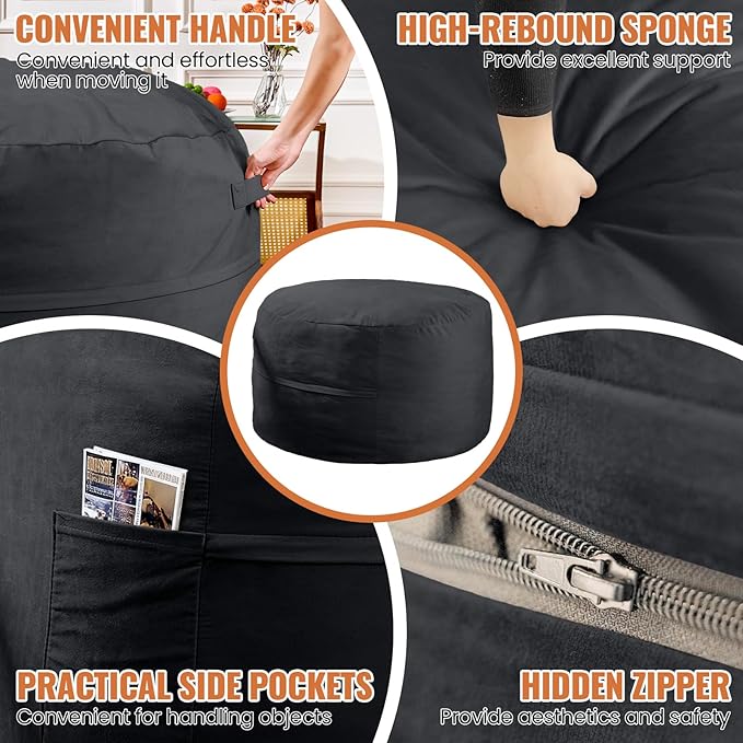 4FT Bean Bag Chair: Bean Bag with Velvet Cover, Fluffy and Comfy Bean Bag Chairs for Adults and Kids, Bean Bag Sofa Filled with High-Density Sponge for Gaming (Black)