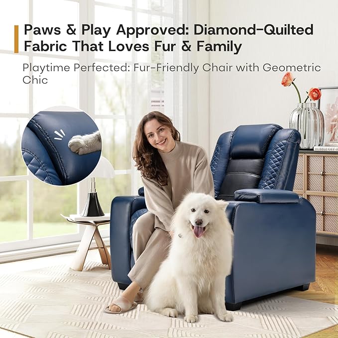 ANJ Power Home Theater Seating, PU Leather Electric Recliner Chair with Powered Headrest, Dual Motors Movie Reclining Chairs with LED Lights,USB Port, Cup Holders, Hidden Arm Storage (Blue & Black)