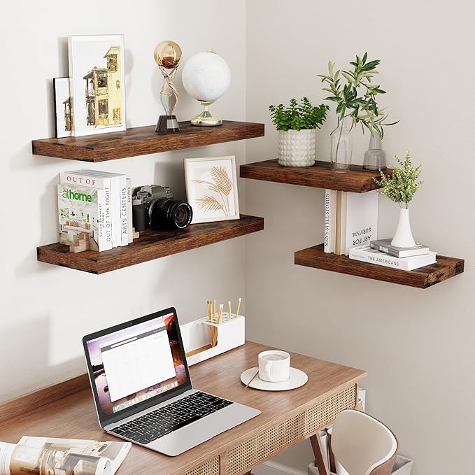 Fun Memories 16 Floating Shelves, 9 Inch Deep Wall Shelf for Bathroom, Rustic 16 x 9 Floating Shelf for Kitchen, Bedroom, Wide Wooden Shelves Wall-Mounted, Rustic Brown Color, Set of 2