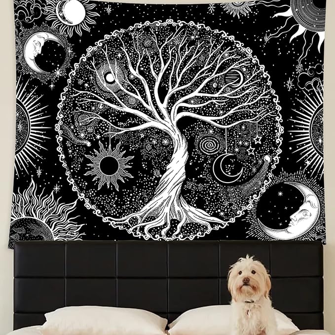 AACKart Tree of Life Tapestry for Bedroom Aesthetic Room Decor-Black and White Spiritual Tree Tapestry Wall Hanging with Sun Moon Star 78.7×59.1 inches
