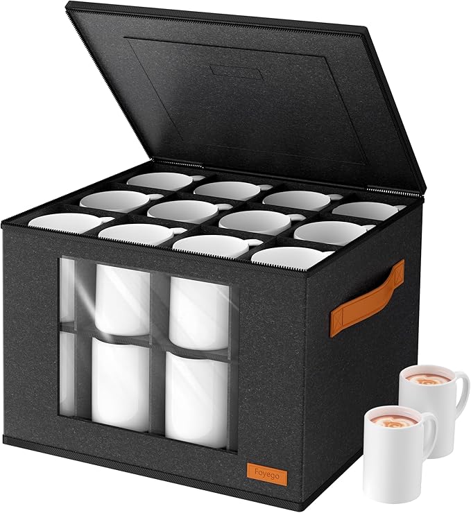 2-Layer Coffee Mug Storage Box with Dividers, Coffee Cup Storage Organizer with Zipper Lid and Handles, Stackable Mug and Cup organizer Service for 24 Coffee Mugs, Cups and Glasses, Dark Grey