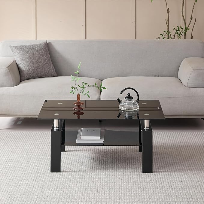 Black Glass Coffee Table for Living Room, Mordern Rectangle Tempered Glass Sofa Center Tables with Black Metal Leg for Home Office