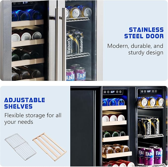 Albott Beverage Refrigerator - 24-Inch Dual Zone Cooler with Glass Door, Freestanding/Under Counter Wine and Beer Fridge, Holds 20 Bottles & 78 Cans, Ideal for Kitchen, Bar, Office, 34-64℉ & 41-68℉