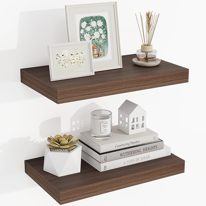 16 Inch Floating Shelves, 16"x9.25"x1.5" Inch Deep Floating Shelves for Wall, Wooden Shelves for Bathroom, Bedroom, Living Room, Walnut