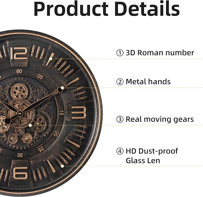 20in Large Real Moving Gears Wall Clock for Living Room, Battery Operated Wall Clocks Decorative Vintage, Home Office Clock, Gift for Family, Friends