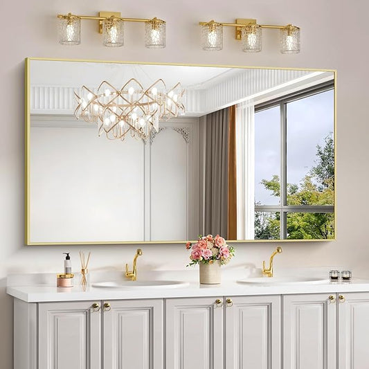 30x55In Gold Bathroom Mirror for Wall, Brushed Gold Rectangle Mirrors with Metal Frame, Bathroom Rectangular Mirror Modern Wall Mirror for Bedroom Living Room, Hangs Horizontal or Vertical