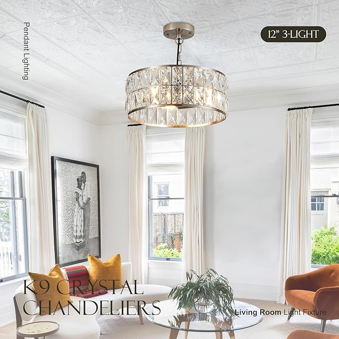 12” 3-Light Modern Crystal Chandeliers Nickel Dinning Room Light Fixture, Round Pendant Light Kitchen Island Chandelier, Flush Mount Ceiling Light for Living Room Entryway Bedroom Foyer