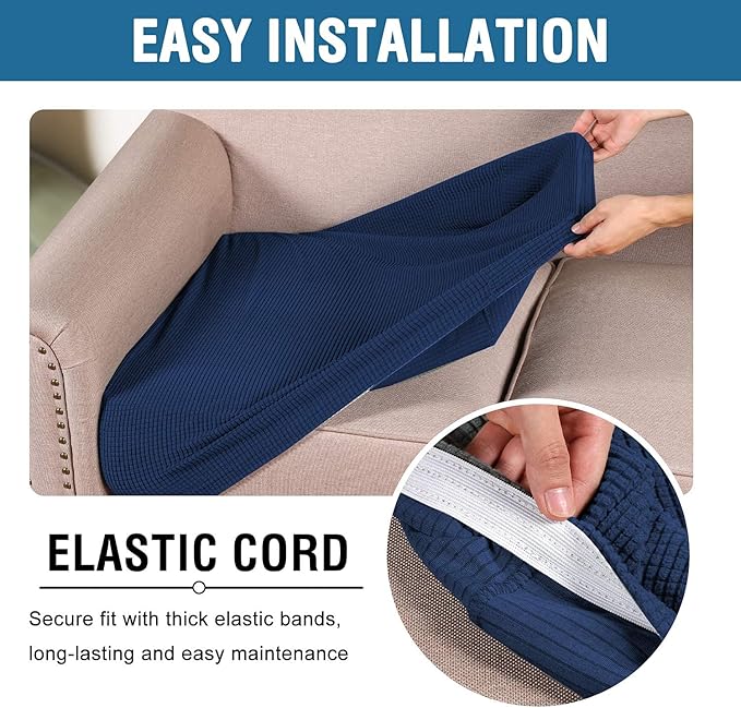 H.VERSAILTEX Super Stretch Individual Seat Cushion Covers - Sofa & Couch Cushion Slipcover Sets - Thick Jacquard Textured Twill Fabric (3 Piece XL Sofa Cushion Covers, Navy)