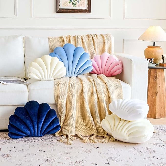 Cream Seashell Throw Pillows, Shell Shaped Throw Pillows, 13 Inch Soft Velvet Home Decorative Pillow Plush Cushion for Bed Couch Living Sofa Room Decor Accent Throw Pillow