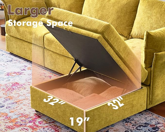 102.6" U Shaped Modular Sectional Sofa, 5 Seater Couch with Storage Ottoman Deep Seat and High Backrest with Removable Cover for Living Room, Apartment - Chenille Yellow