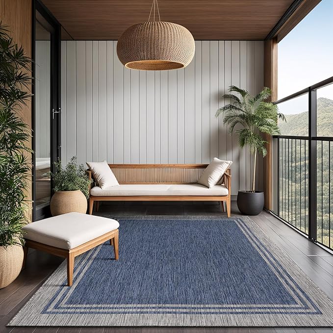 Bordered Outdoor Rug 5x7 Washable Outside Carpet for Indoor Patio Porch Waterproof Easy Cleaning Non Shedding Area Rugs Navy 5 x 7