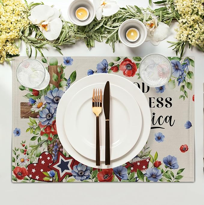 4th of July Placemats Set of 4 Patriotic Floral Cross Stars Independence Memorial Day Place Mats 12x18 Inch God Bless America Linen Fabric Table Mats for Party Kitchen Dining Decoration