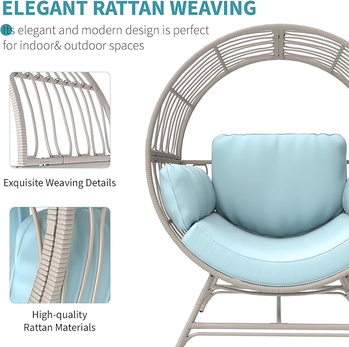 Egg Chair Outdoor Indoor, Oversized Rattan Chair with Thicken Cushion, 350LBS Capacity Wicker Patio Lounge Chair, Basket Chair for Living Room Balcony Porch Backyard, Blue