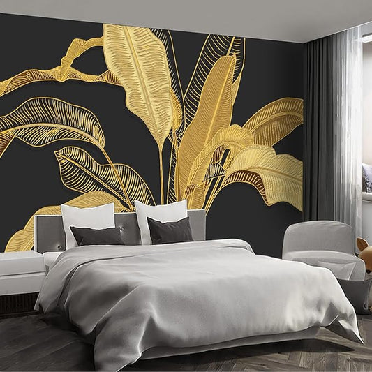 Gold Banana Leaf Wall murals Peel and Stick Wallpaper for Bedroom Living Room - 85"x118"