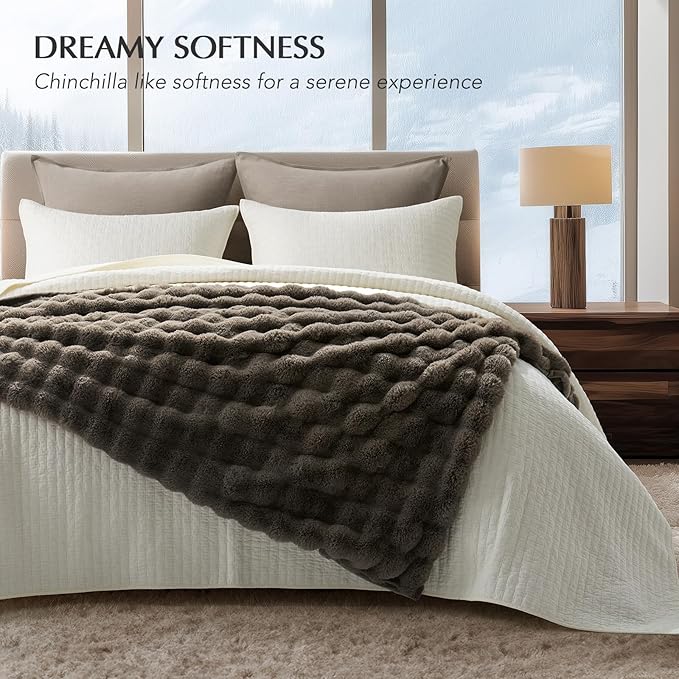 EVERGRACE Ultra Soft Luxury Fluffy Faux Rabbit Fur Throw Blanket, Thick Warm Fuzzy Blankets for Bed, Cozy Plush Reversible Blanket for Couch, Chair, Sofa, Dark Taupe, 50x60 Inches, 870 GSM