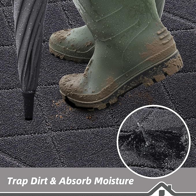 BEQHAUSE Dirt Trapper Door Mat 20" x 32", Doormat Non-Slip Entryway Rugs Washable, Dog Door Mat Stain Resistant and Absorbent Welcome Floor Mat for Front Back Door, Muddy Wet Shoes & Paws, Dark Grey
