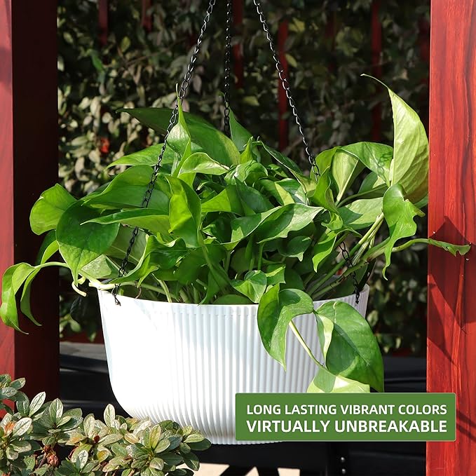 Dexceder 11.2 Inch Self Watering Hanging Planters Indoor Outdoor, Thickened Hanging Basket Flower Plant Pot (2 Pack, White)