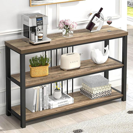 FOLUBAN Modern Sofa Table for Entryway, 3 Tier Narrow Console Table for Living Room Hallway Behind Couch, Rustic Oak