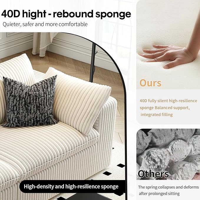 157.5" Cloud Couch Modular Sectional Sofa for Living Room,Modern Sofa with Deep Seat，L-Shape Boneless Couch with Ottoman,Comfy Upholstered Corduroy Couches for Apartment, Studio, Office,Bedroom，White