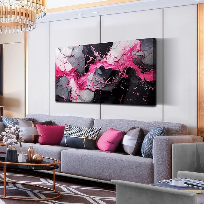 GUGIKA Abstract Wall Art for Living Room, Pink Canvas Wall Decor for Girls Bedroom Decor, Pigment Texture Print, Size 29x59 Inches