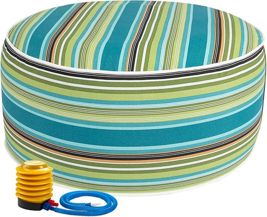 FUNHOME Inflatable Outdoor Ottoman with Air Pump,20"x9" Portable Patio Pouf,Water Resistant,Fade-Resistant,Round Blow Up Footrest Stools for Home Garden Camping Travel(Green Stripe)