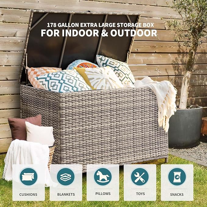 178 Gallon Outdoor Storage Box, Patio Deck Box with 2 Wheels, Handle Large Portable Wicker Rattan Deck Box for Patio Furniture Cushions, Throw Pillows, Garden Tools and Pool Floats (Gray)