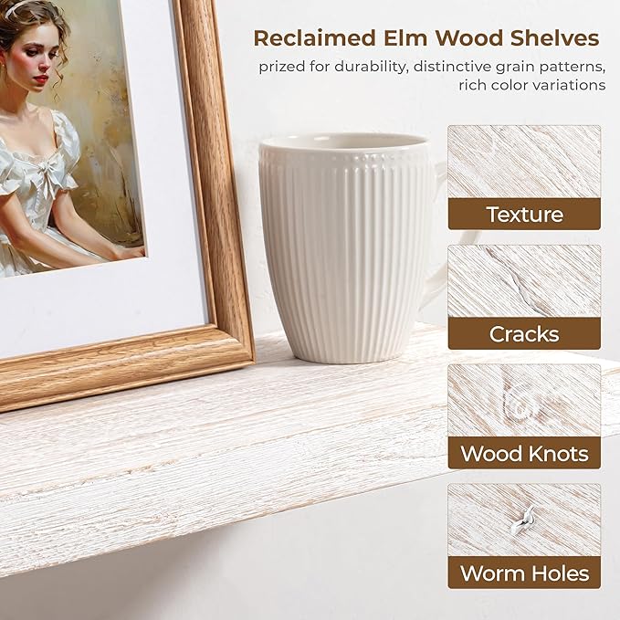 Axeman Floating Shelves for Wall - 40''W x 8'' D Rustic Solid Elm Wood Shelves for Storage, Wall Mounted Display Shelving with Invisible Heavy-Duty Metal Bracket (White Wash, 2PCs)