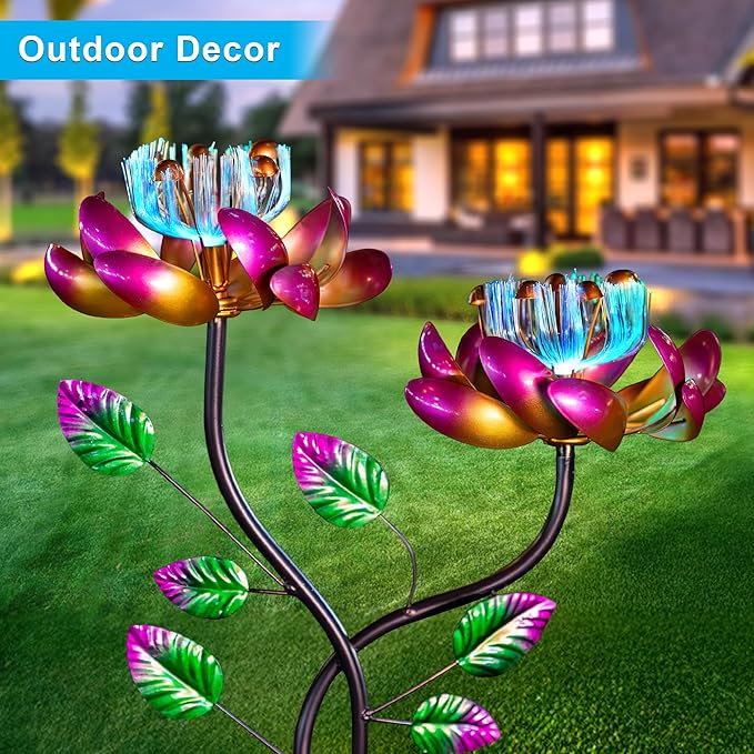 55'' Solar Powered Kinetic Wind Spinner Sculpture Pink Lotus Metal Stake Spinner for Patio, Lawn and Garden Decor Weather-Resistant Outdoor Art with Dual Lotus Design