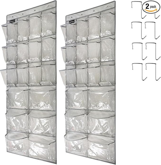 2 Pack Extra Large Hanging Crystal Clear Over Door Shoe Organizers, Closet Shoe Rack Organizer, 12+6 Pockets, 8 Hooks, Grey (59" x 21.6")