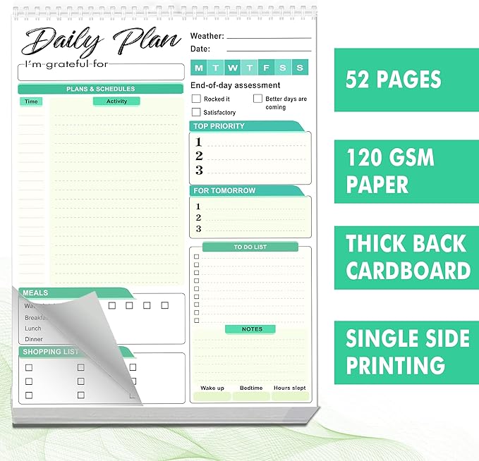 Daily Plan Notepad, 52 Sheets 8.5" X 11.5" Daily for To-Do Lists, Habit Tracking, Academic Scheduling, and Productivity Goals - Perfect for Work, Home, and Office Organization - Turquoise Style